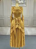 Plus Size Women Bell Bottom Sleeve Elegant Shiny Pleated Dress