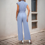 Women's summer elegant Turndown Collar sleeveless solid color straight jumpsuit