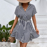 summer Turndown Collar Striped Slim Waist shirt dress