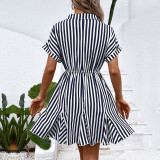 summer Turndown Collar Striped Slim Waist shirt dress