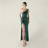 Women one-shoulder Slash Shoulder sequined beaded chain Formal Party evening dress