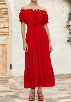 women's off-shoulder ruffle bubble short sleeve lace-up dress women's off-shoulder ruffle bubble short sleeve lace-up dress