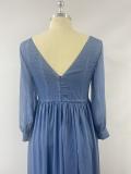 Plus Size Women Long Sleeve Double V-Neck Pleated Evening Dress