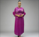 Plus Size Women Pleated Hand-Shaped Flower Irregular Shiny Print Maxi Dress