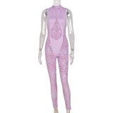 Sexy mesh flocking Patchwork hollow See-Through zipper jumpsuit for women