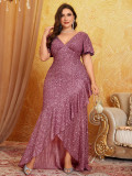Women Sequin Short Sleeve V Neck Evening Sexy Dress
