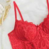 Women sexy Lace-Up waist red bra lace fishbone See-Through suspender Top