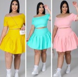 Plus Size Women Sexy Solid Short Sleeve Top and Pleated Skirt Two-piece Set