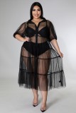 Plus Size Women Polka Dot Mesh Pleated Casual Dress