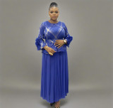 Plus Size Women Pleated Hand-Shaped Flower Irregular Shiny Print Maxi Dress