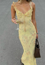 Chic Holidays Floral Strap Ruffle Sexy Flying Sleeve Long Dress Chic Holidays Floral Strap Ruffle Sexy Flying Sleeve Long Dress