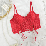 Women sexy Lace-Up waist red bra lace fishbone See-Through suspender Top