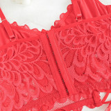 Women sexy Lace-Up waist red bra lace fishbone See-Through suspender Top