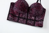 Sexy leopard pattern Patchwork bra straps Meshlace See-Through Outdoor Wear fishbone bra