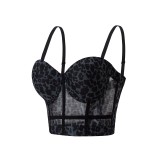 Sexy leopard pattern Patchwork bra straps Meshlace See-Through Outdoor Wear fishbone bra