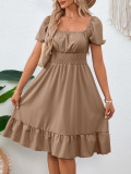 Summer solid color square neck Ruffled A-line dress for women