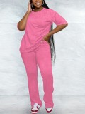 Women Casual Solid Round Neck Top and Pants Two-Piece Set