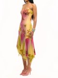 Women Ruffled Suspender Elegant Embroidered Flower Summer Dress