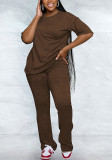 Women Casual Solid Round Neck Top and Pants Two-Piece Set
