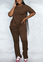 Women Casual Solid Round Neck Top and Pants Two-Piece Set