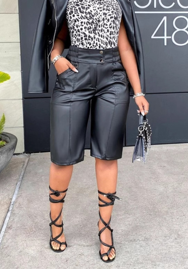 Women Summer Loose Casual Pocket Pu-Leather Shorts