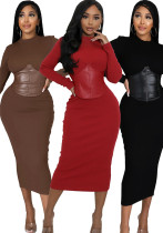 Women Round Neck Long Sleeve Patchwork Bodycon Dress