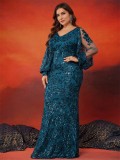 Plus Size Women V-Neck Sequined Long Sleeve Elegant Fishtail Evening Dress