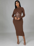 Women Round Neck Long Sleeve Patchwork Bodycon Dress