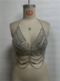 Women Sexy Metal Chain Hollow Beaded Halter Neck Strap Backless Vest Body Chain Top