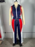 Women Patchwork hooded sleeveless top and trousers two-piece set