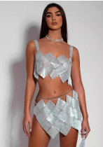 Women's Nightclub Style Sexy Diamond Sequin Checkered Two Piece Skirt Set Women's Nightclub Style Sexy Diamond Sequin Checkered Two Piece Skirt Set