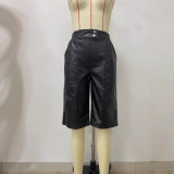 Women Summer Loose Casual Pocket Pu-Leather Shorts