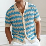 Men's American hollow jacquard ripple summer short-sleeved knitting polo T-shirt