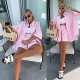 Women spring and summer Casual Solid short-sleeved shirt loose shorts two-piece set
