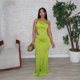 Women Solid Maxi Dress One Shoulder Pleated Dress