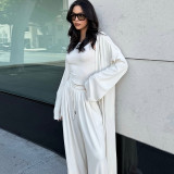 Women Spring Summer Casual Long Coat Strap Lace-Up Wide Leg Pants Three-Piece