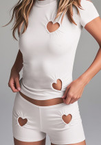 Women summer Style Heart Print hollow Solid sleeveless vest shorts two-piece set Women summer Style Heart Print hollow Solid sleeveless vest shorts two-piece set