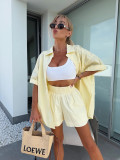 Women spring and summer Casual Solid short-sleeved shirt loose shorts two-piece set