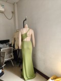 Women Solid Maxi Dress One Shoulder Pleated Dress