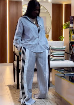 Women summer Turndown Collar striped long-sleeved shirt wide-leg pants Casual two-piece set