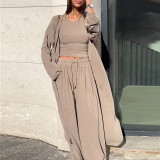 Women Spring Summer Casual Long Coat Strap Lace-Up Wide Leg Pants Three-Piece