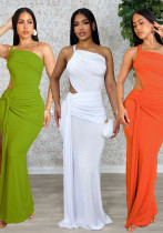 Women Solid Maxi Dress One Shoulder Pleated Dress Women Solid Maxi Dress One Shoulder Pleated Dress