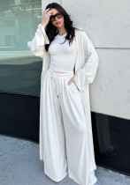 Women Spring Summer Casual Long Coat Strap Lace-Up Wide Leg Pants Three-Piece