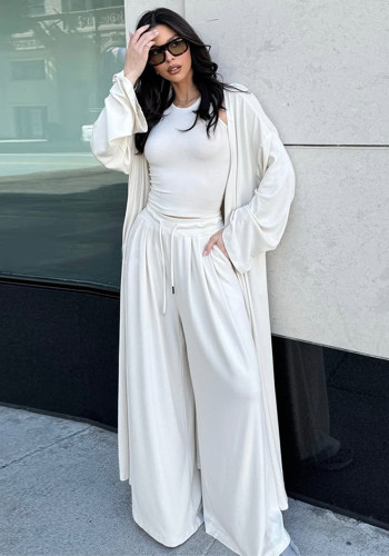 Women Spring Summer Casual Long Coat Strap Lace-Up Wide Leg Pants Three-Piece