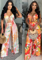 Women Suspender Lace-up Sexy Top Wide-Leg Pants Two-Piece Set