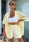 Women spring and summer Casual Solid short-sleeved shirt loose shorts two-piece set