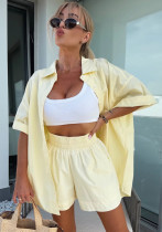 Women spring and summer Casual Solid short-sleeved shirt loose shorts two-piece set Women spring and summer Casual Solid short-sleeved shirt loose shorts two-piece set