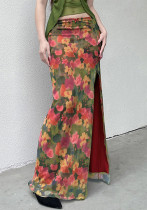 Women Vintage oil painting floral print contrast color split skirt Women Vintage oil painting floral print contrast color split skirt