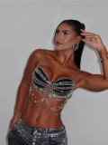 Women Sexy Metal Chain Hollow Beaded Halter Neck Strap Backless Vest Body Chain Top