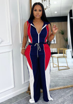 Women Patchwork hooded sleeveless top and trousers two-piece set